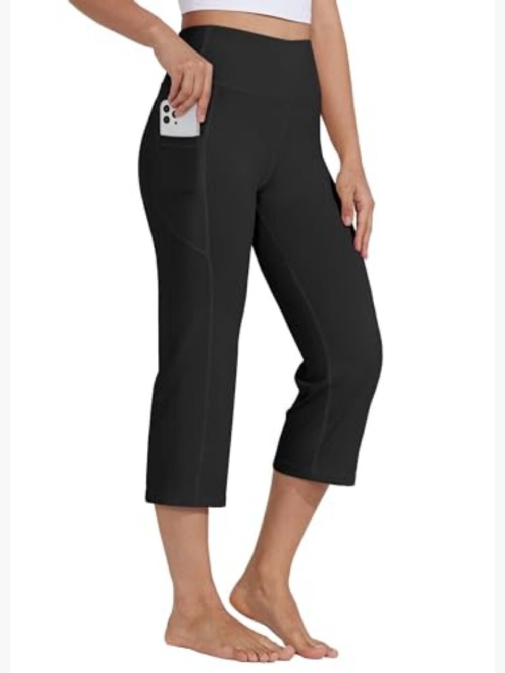 High Waist Yoga Capris with Pockets, 82% Nylon 18% Spandex, 21" Inseam,